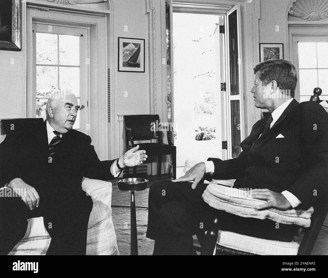 U.S. President John F. Kennedy (in rocking chair) meeting with Prime ...