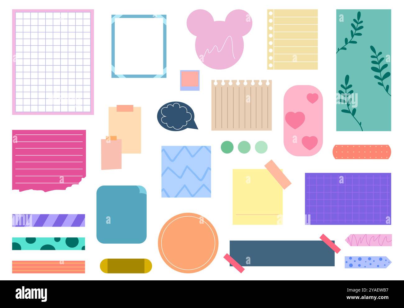 Paper notes set. To do lists and memo. Planner and sheet, organizer. Adhesive notes. Stationery and notepad. Organizing efficient work process. Flat Stock Vector