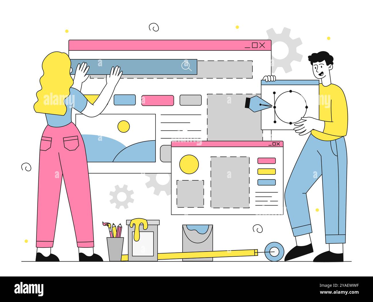 People create website. Man and woman developing design elements for website. Freelancers and remote workers working on common project. Linear vector Stock Vector