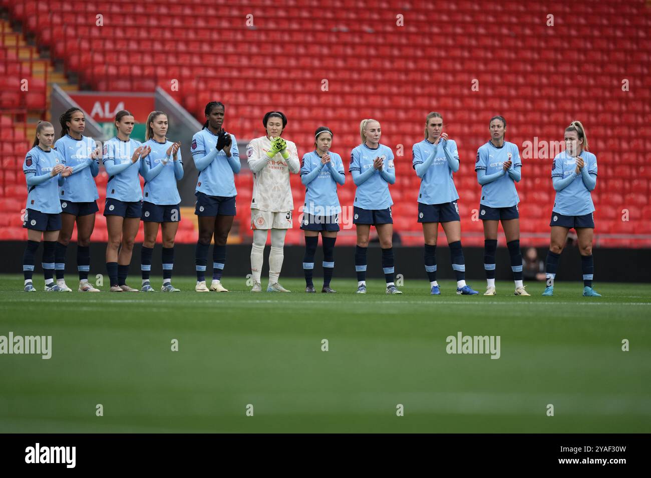 Liverpool, Liverpool, UK. 13th Oct, 2024. Liverpool FC v Manchester City FC Barclays Womens Super League ANFIELD STADIUM ENGLAND OCTOBER 13TH 2024 Manchester City line up during the Barclays Women´s Super League match between Liverpool FC and Manchester City FC at Anfield Stadium on October 13th 2024 in Liverpool England. Credit: ALAN EDWARDS/Alamy Live News Stock Photo