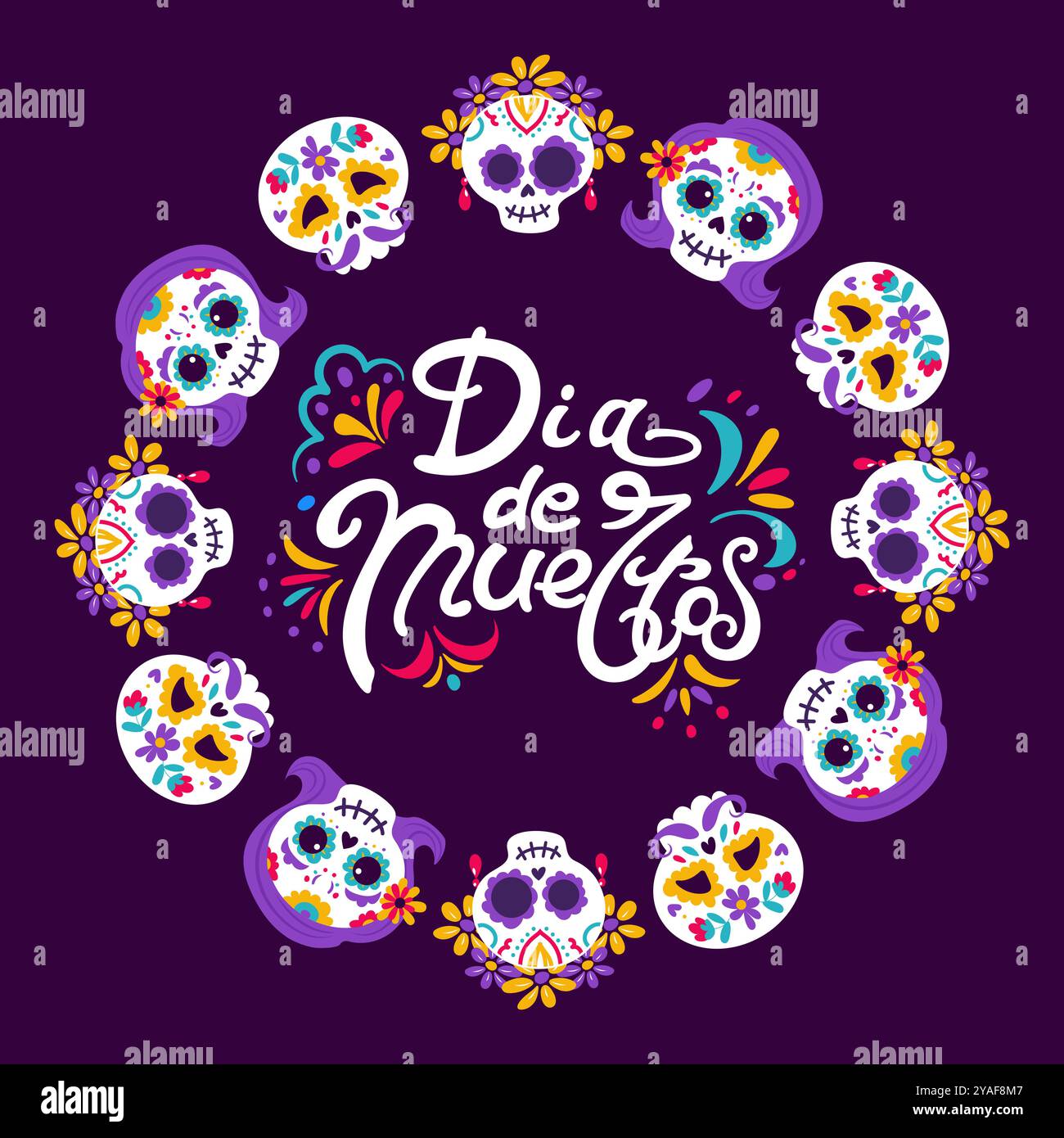 Colorful illustration of Da de Muertos with sugar skulls and festive design elements Stock Vector