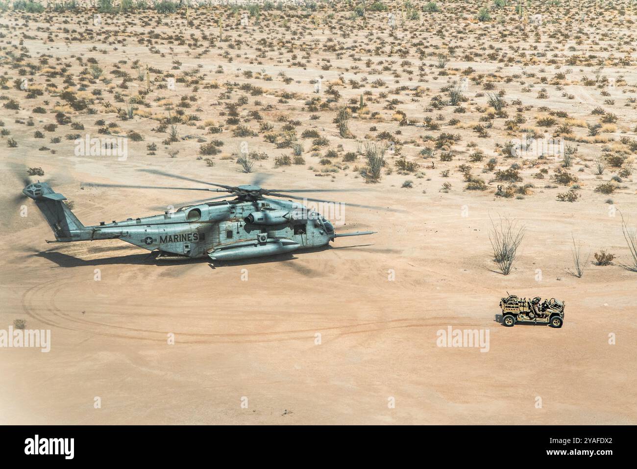A U.S. Marine Corps Light Marine Air-Defense Integrated System assigned to 3rd Low Altitude Air Defense Battalion, 3rd Marine Aircraft Wing, drives after being unloaded off from a CH-53E Super Stallion assigned to Marine Aviation Weapons and Tactics Squadron One during a ground-based air defense exercise as part of Weapons and Tactics Instructor course 1-25 at Tacts Airfield, near Wellton, Arizona, Oct. 10, 2024. WTI is a seven-week training event hosted by MAWTS-1 which emphasizes operational integration of the six functions of Marine aviation in support of the Marine Air Ground Task Force, J Stock Photo