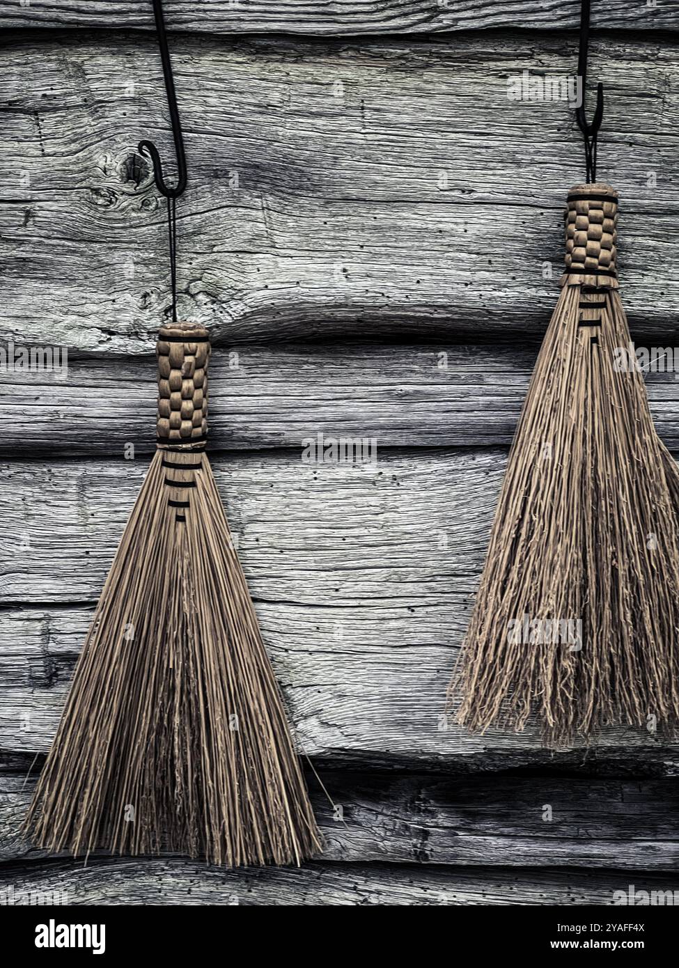 Handcrafted Brooms, Matthews Cabin at Mabry Mill, Blue Ridge Parkway, Virginia, USA - Smartphone Captured Stock Image