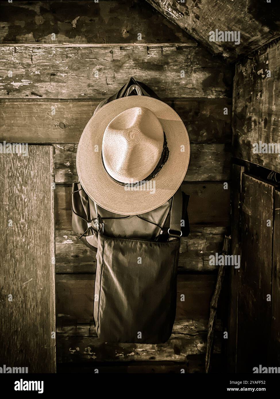 Flat Brim Hat of the National Park Service, Matthews Cabin at Mabry Mill, Blue Ridge Parkway, Virginia, USA - Smartphone Captured Stock Image