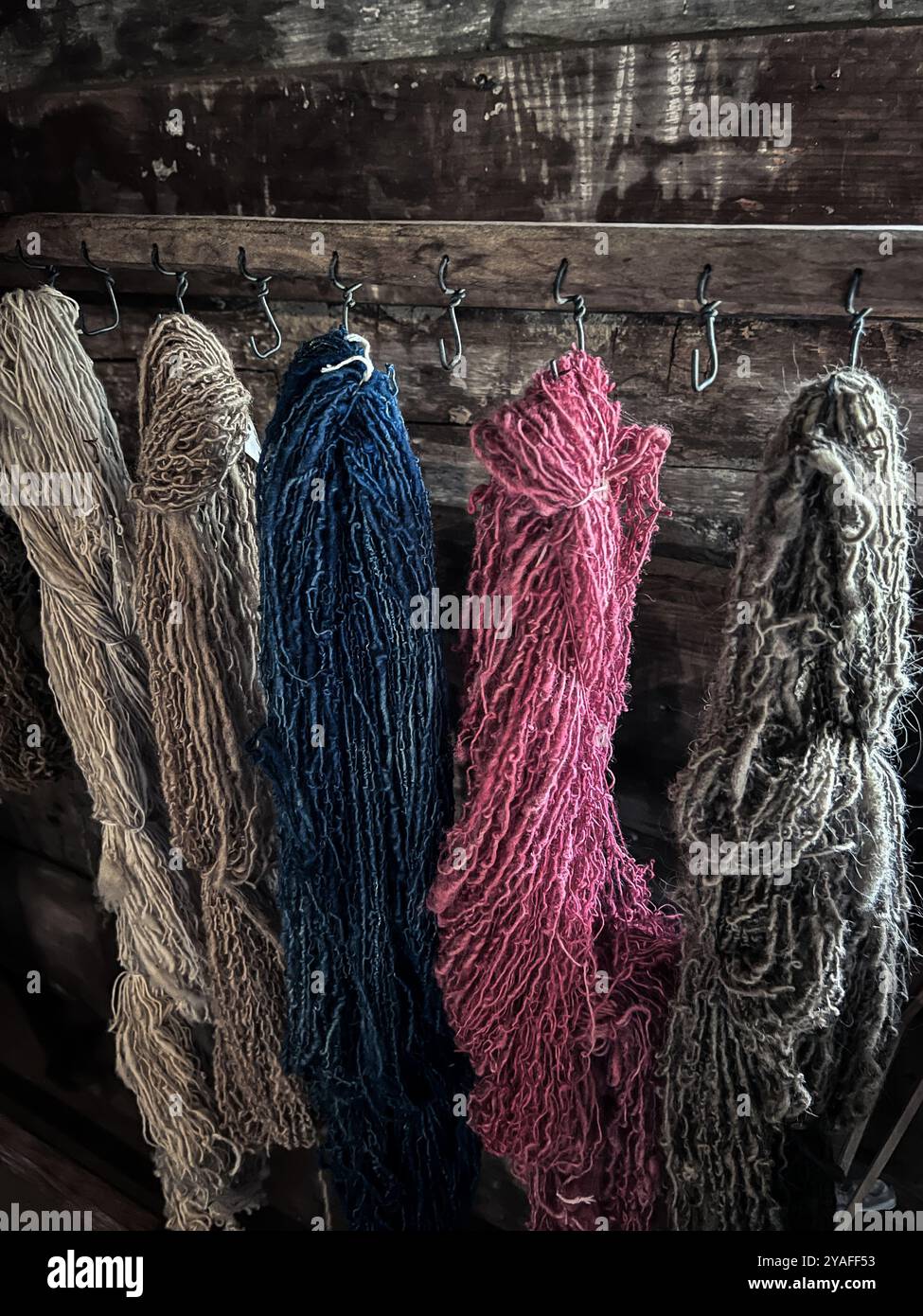 Hand Dyed Yarn, Matthews Cabin at Mabry Mill, Blue Ridge Parkway, Virginia, USA - Smartphone Captured Stock Image