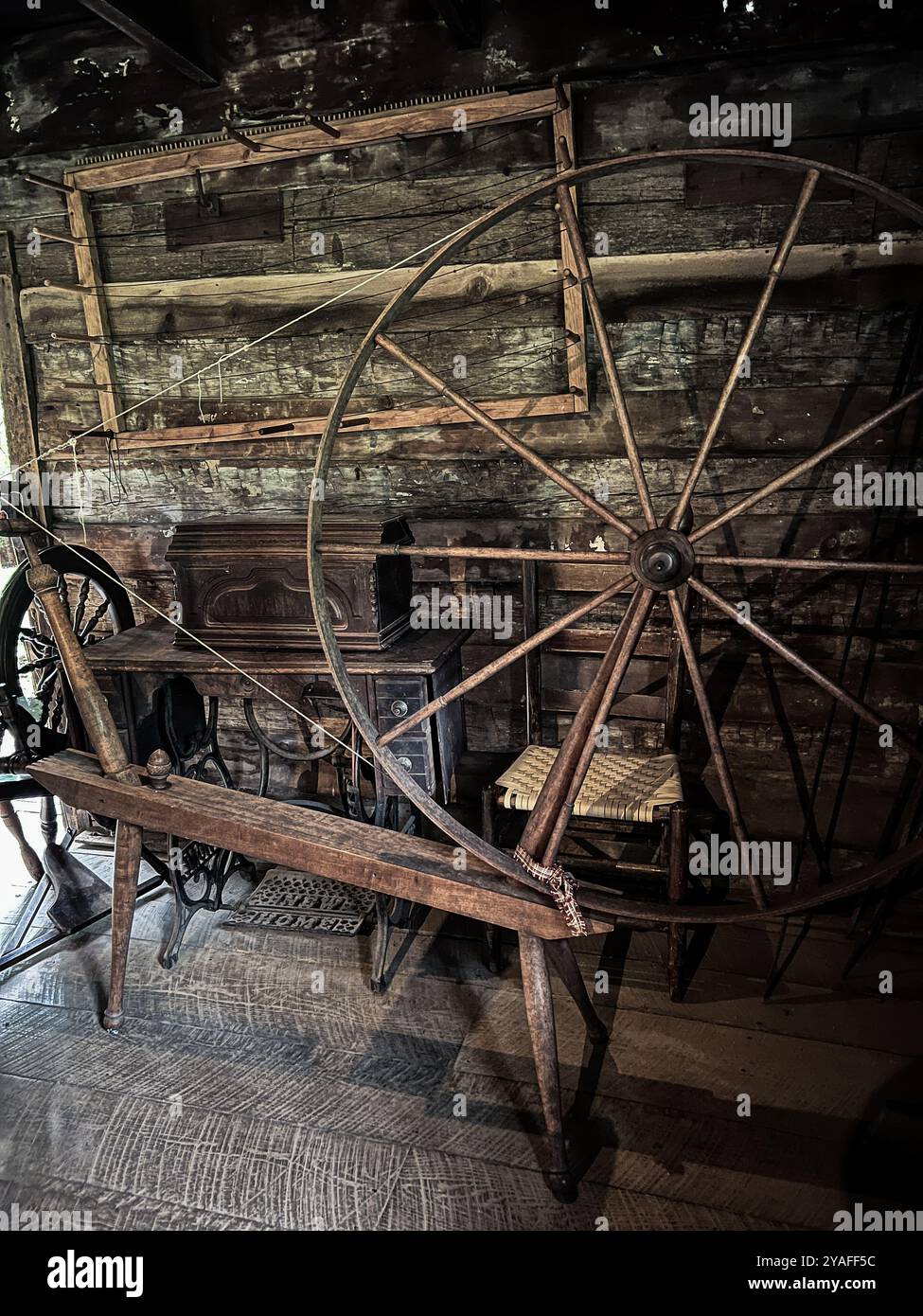 Spinning Wheel, Matthews Cabin at Mabry Mill, Blue Ridge Parkway, Virginia, USA - Smartphone Captured Stock Image