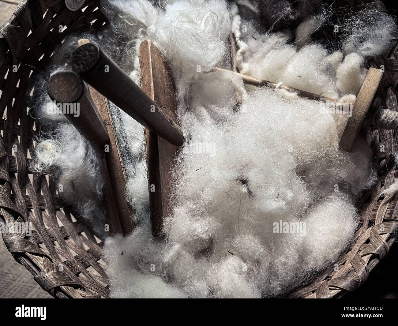 Cotton Carding, Matthews Cabin at Mabry Mill, Blue Ridge Parkway, Virginia, USA - Smartphone Captured Stock Image
