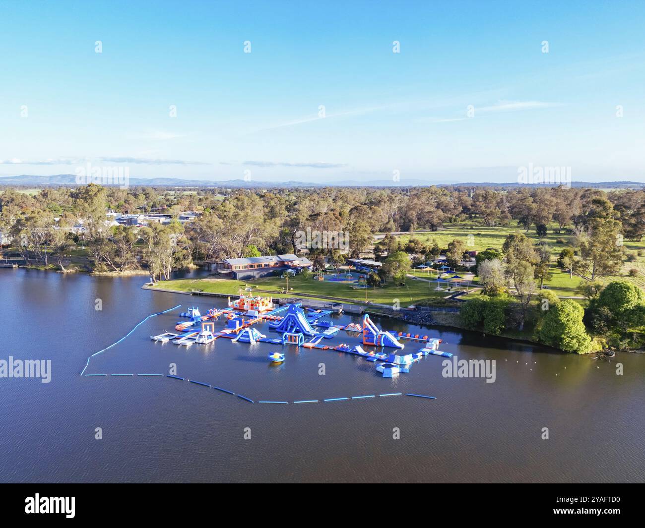NAGAMBIE, AUSTRALIA, SEPTEMBER 25 2023: Late spring afternoon aerial views of Nagambie township and Lake Nagambie in Goulburn Valley, Victoria, Austra Stock Photo