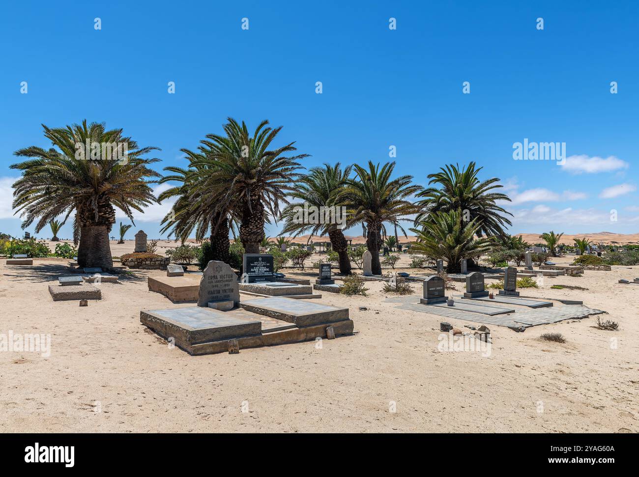 Graves in the cemetery of Swakopmund on the edge of the Namib Desert Stock Photo