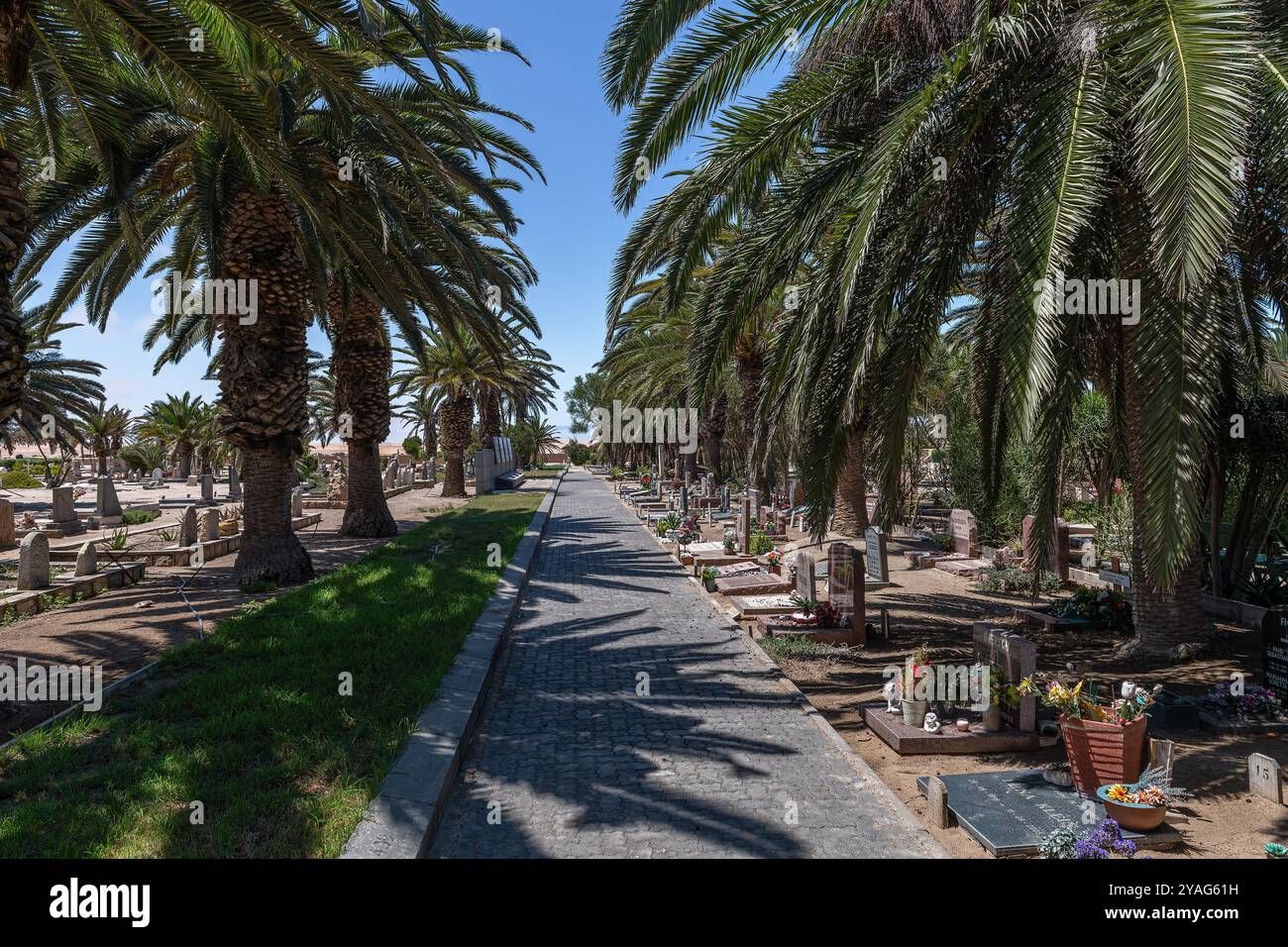 Graves in the cemetery of Swakopmund on the edge of the Namib Desert Stock Photo