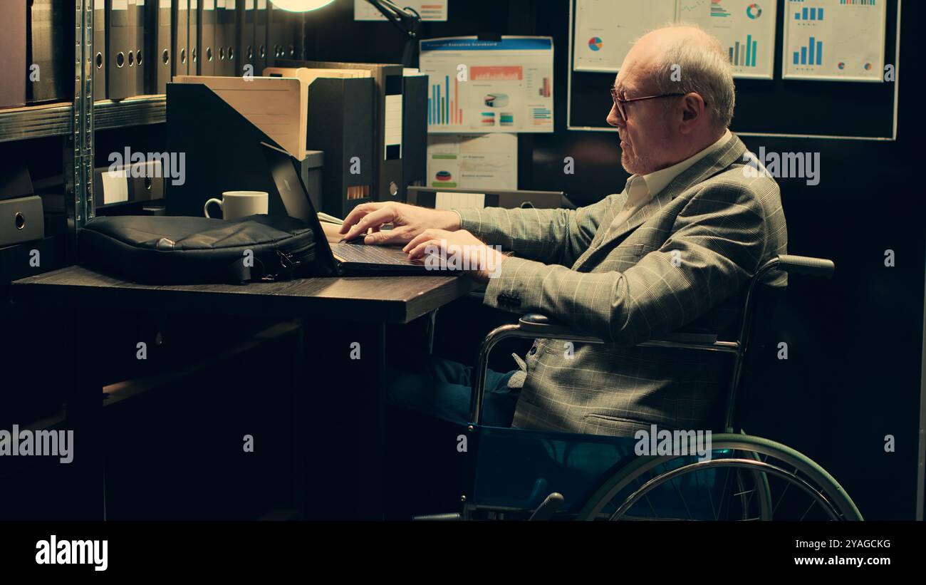 Detective wheelchair user gather criminal case clues from archived documents, analyzes autopsy reports and medical records for forensic insights. Agent create interactive timelines. Camera A. Stock Photo