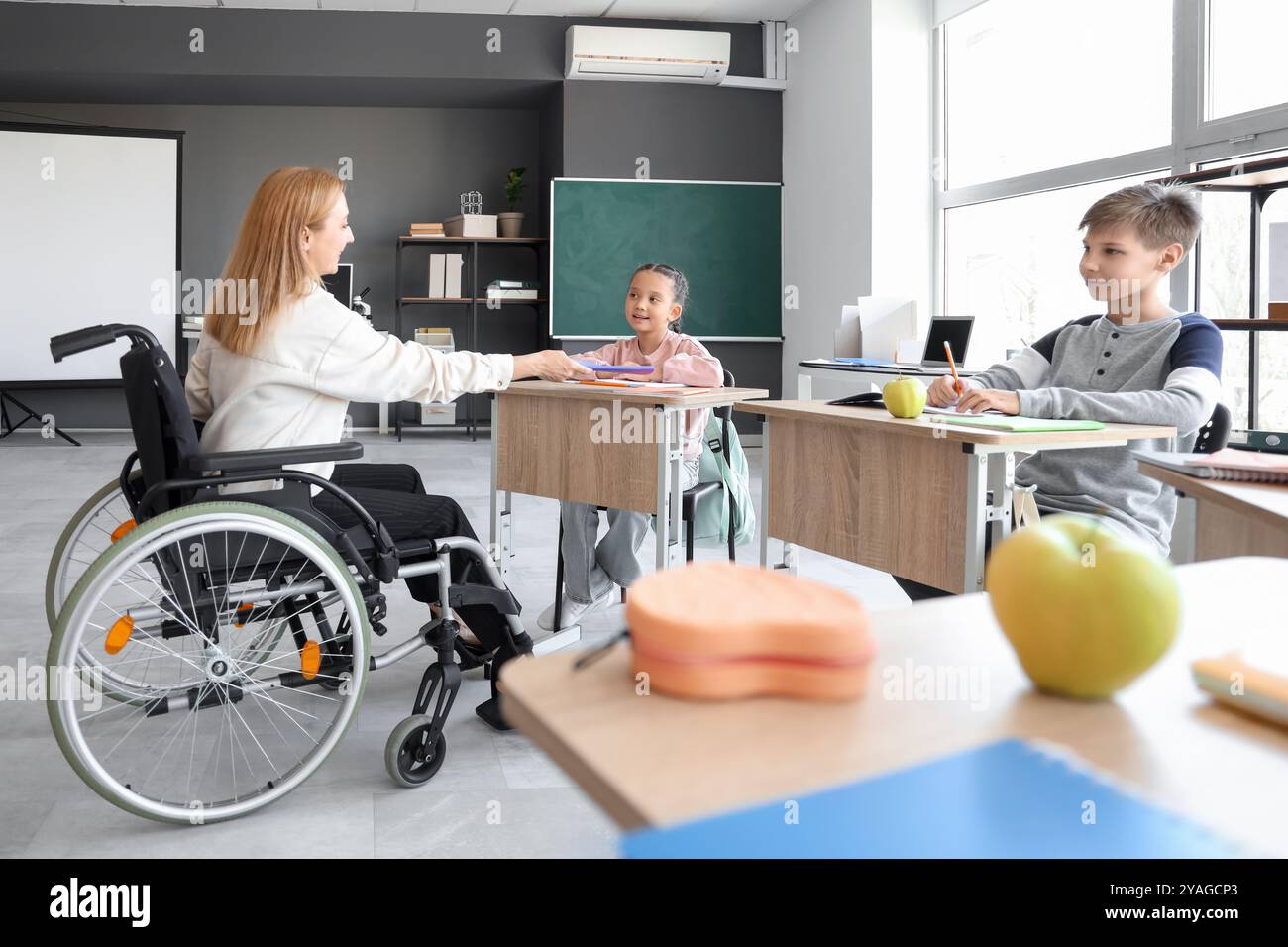 Mature teacher in wheelchair conducting lesson at school Stock Photo ...