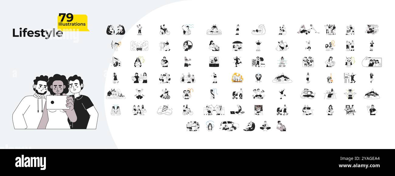Diverse people lifestyle outline illustrations mega bundle Stock Vector