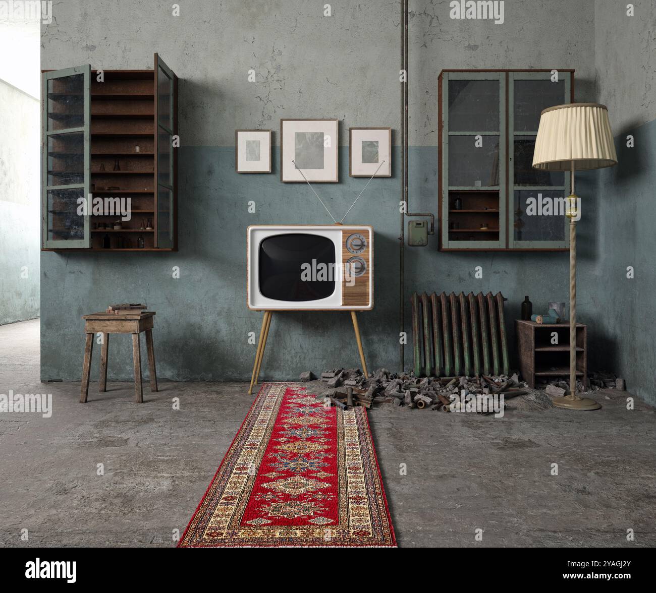 A vintage TV in a rustic room, surrounded by worn furniture and cracked green walls, exuding nostalgic charm. Stock Photo