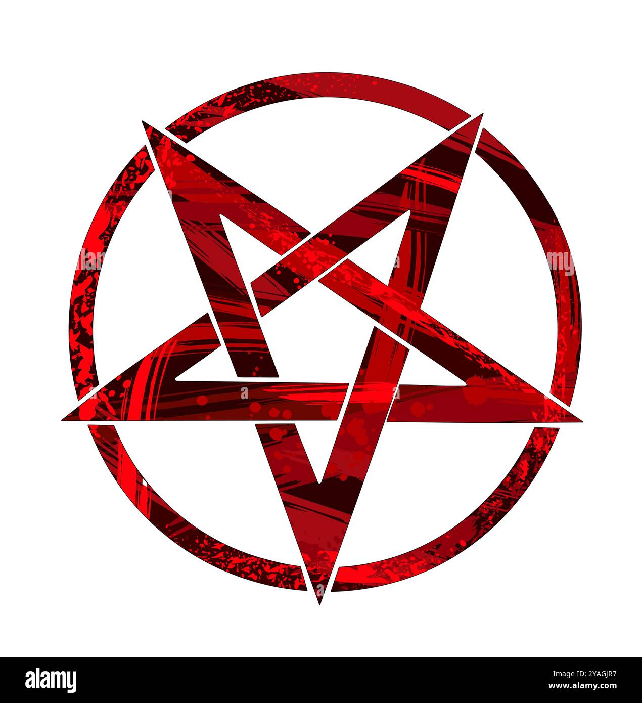 Inverted pentagram in circle, painted with textured red paint on white ...