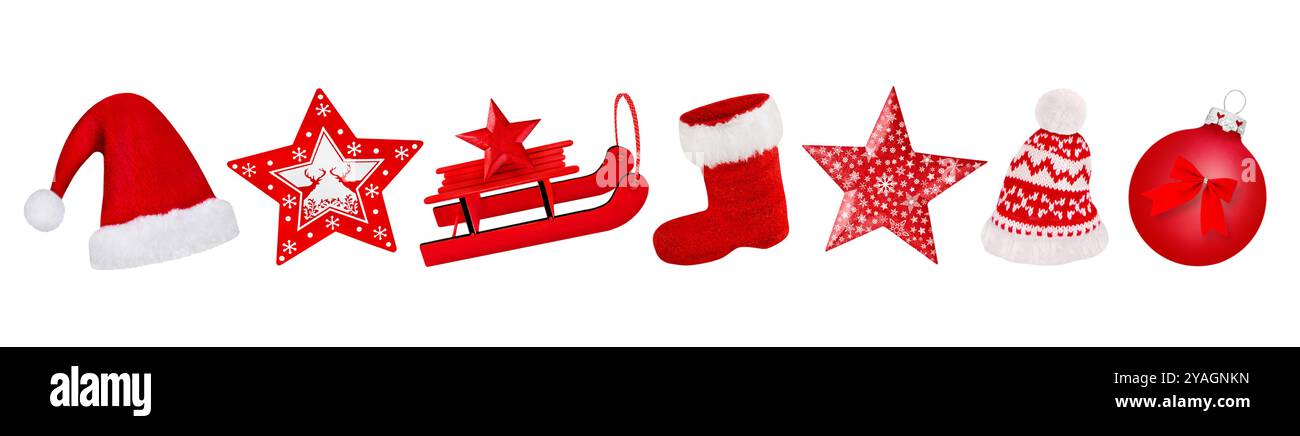 Various red Christmas decorations isolated on white background Stock Photo