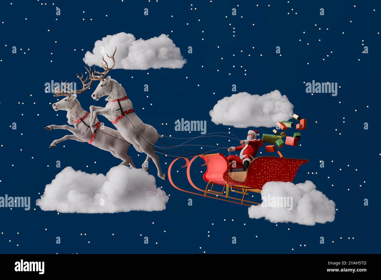 Santa claus driving sleigh pulled by reindeer and delivering christmas ...