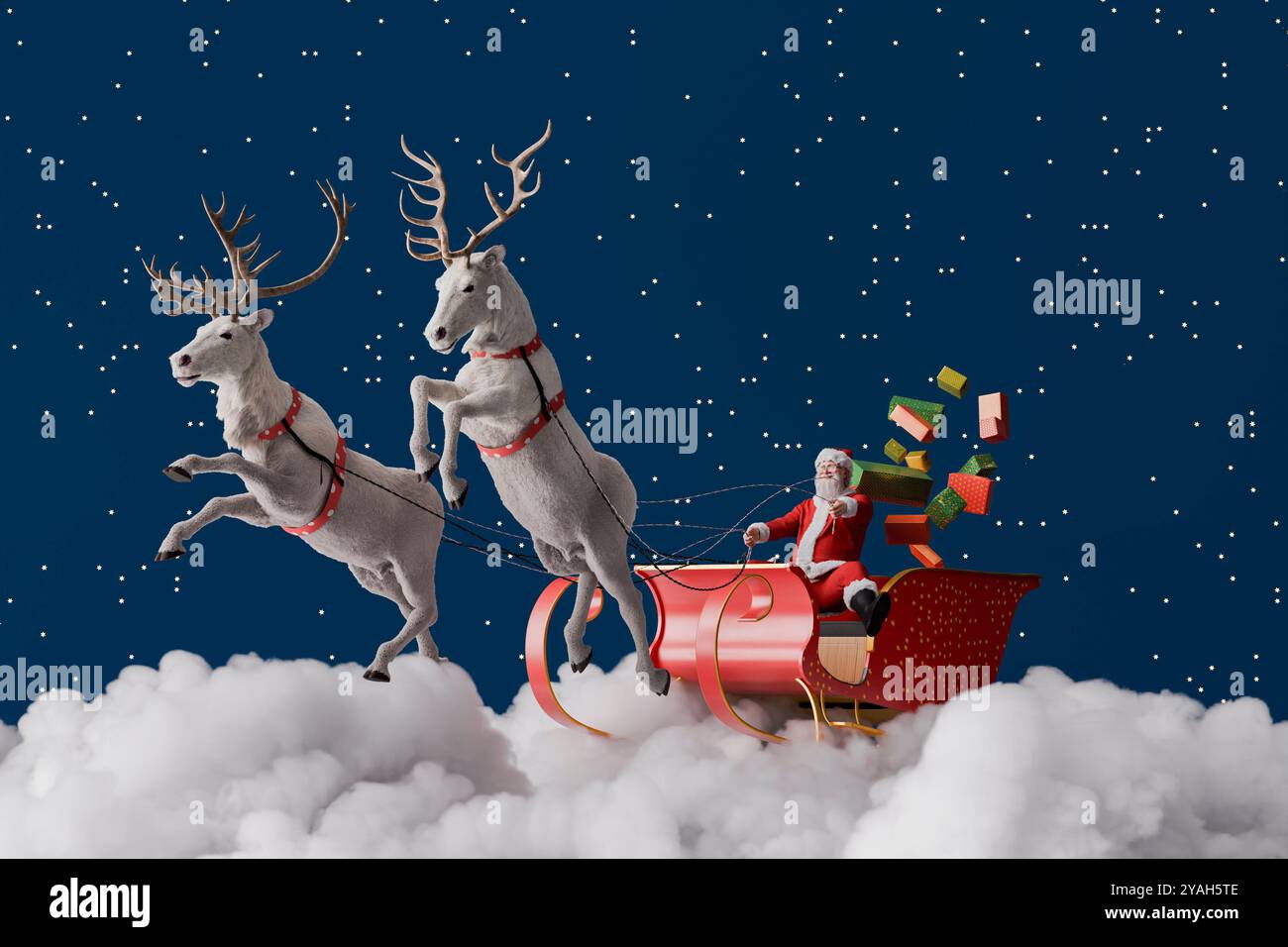 Santa claus is flying through the night sky in his sleigh pulled by ...