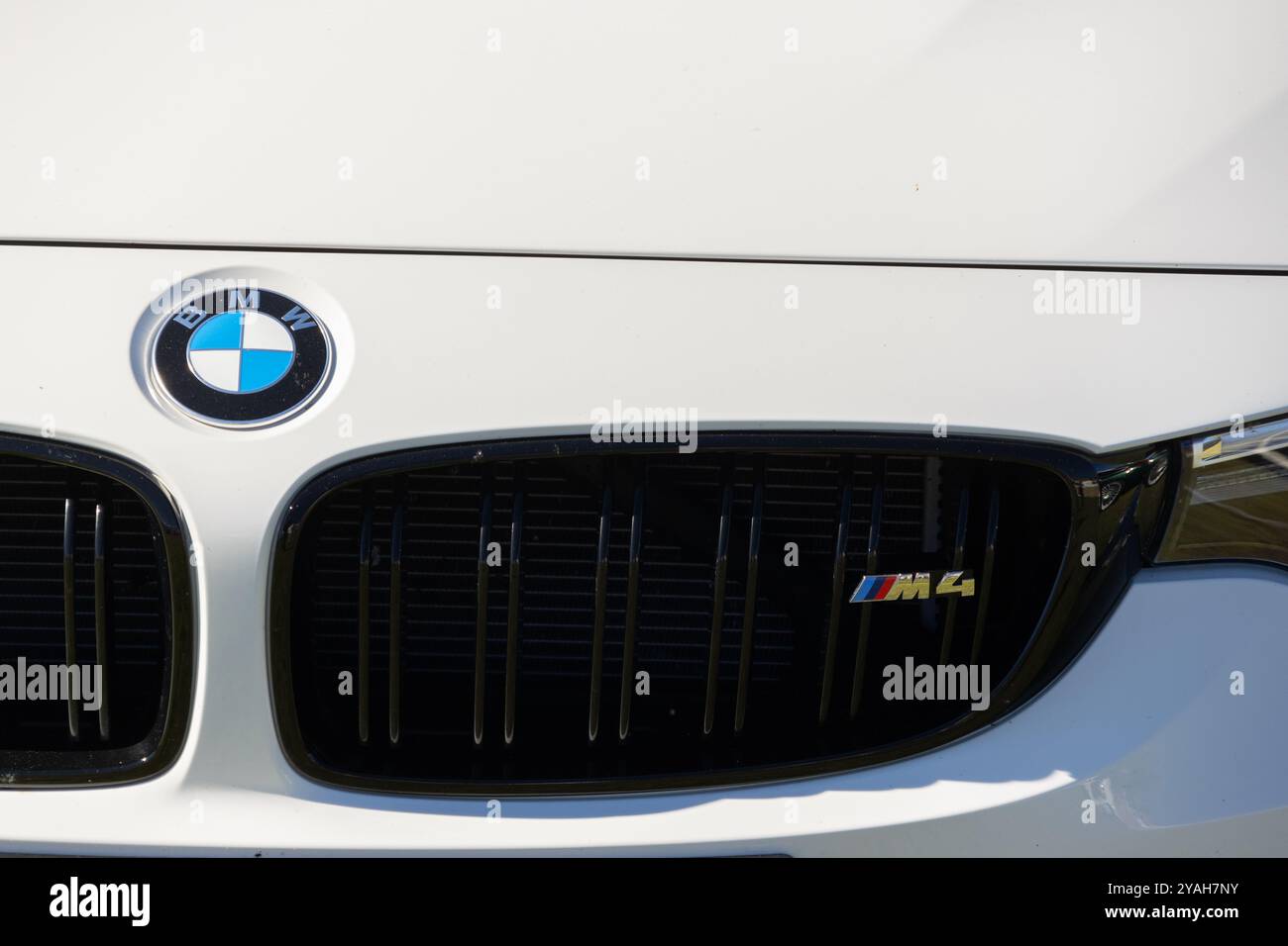 The iconic bmw logo is shining on the hood of a white bmw m4 sportscar Stock Photo