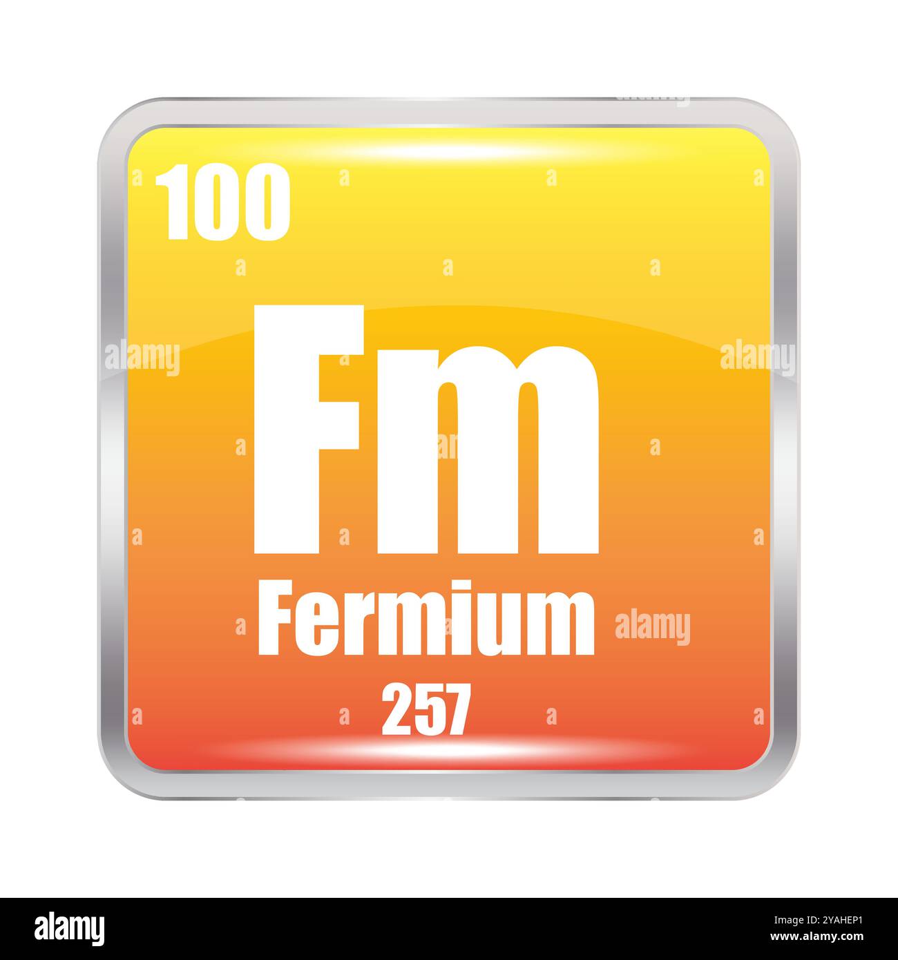 Fermium element symbol. Atomic number 100. Mass 257. Yellow square icon ...