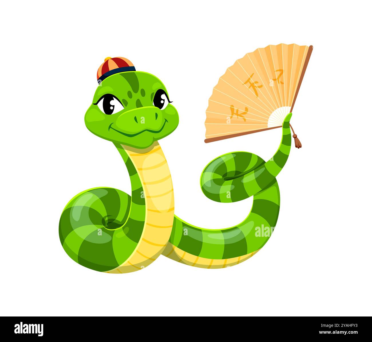 Cartoon snake character wearing a traditional Chinese hat and holding a decorative fan, symbolizing the 2025 Chinese lunar year. Cute reptile conveys playful and festive mood while celebrating holiday Stock Vector