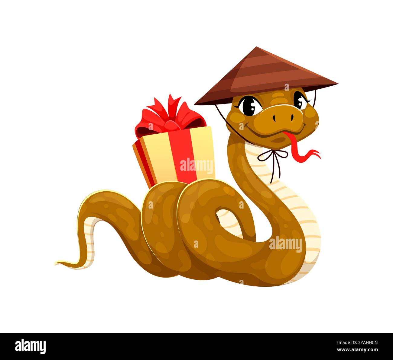 Cartoon snake character wearing traditional hat holds a gift, celebrating the Chinese Lunar Year 2025. Vector cute festive reptile representing joy, cultural holiday celebration and animal zodiac sign Stock Vector