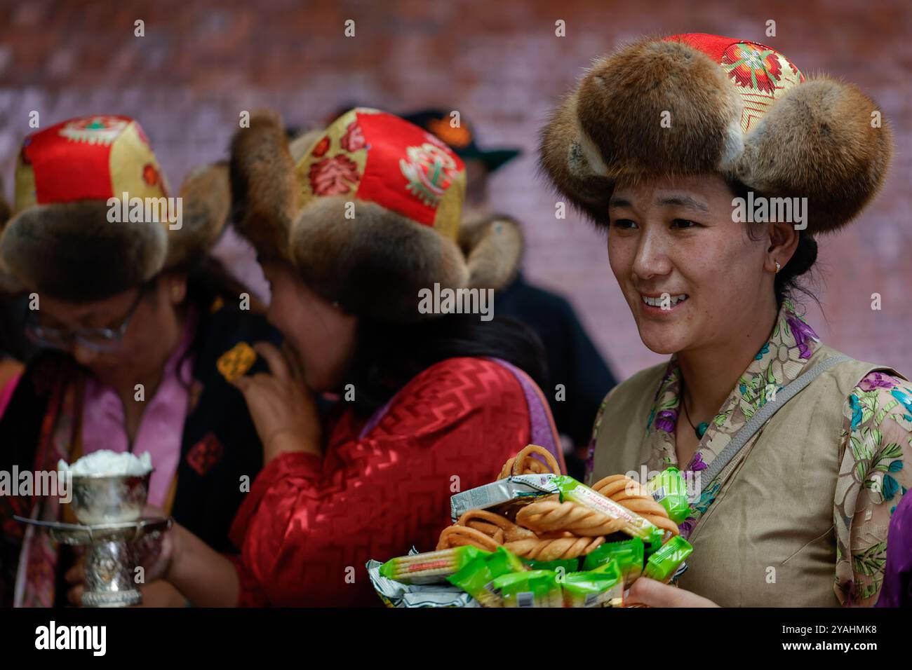 kathmandu-nepal-14th-oct-2024-women-dressed-in-traditional-attire