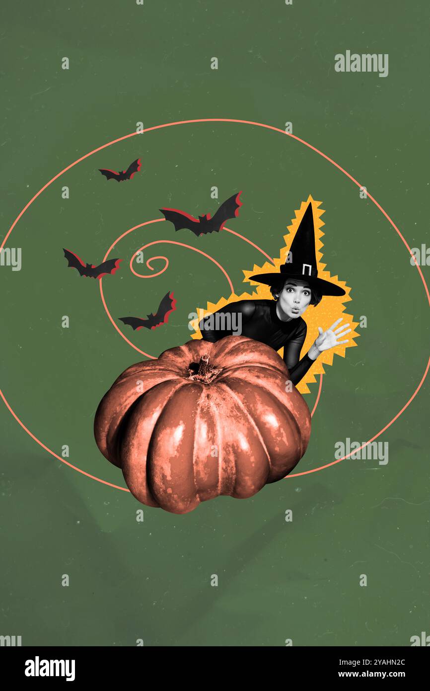 Vertical photo collage of pouted lips witch peek big pumpkin halloween ...