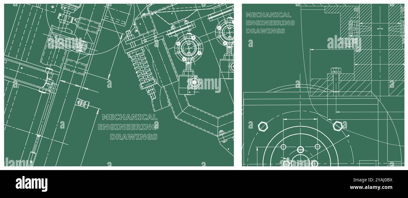 Blueprints set. Mechanical engineering drawing. Engine line drawing background. Technical Stock Vector