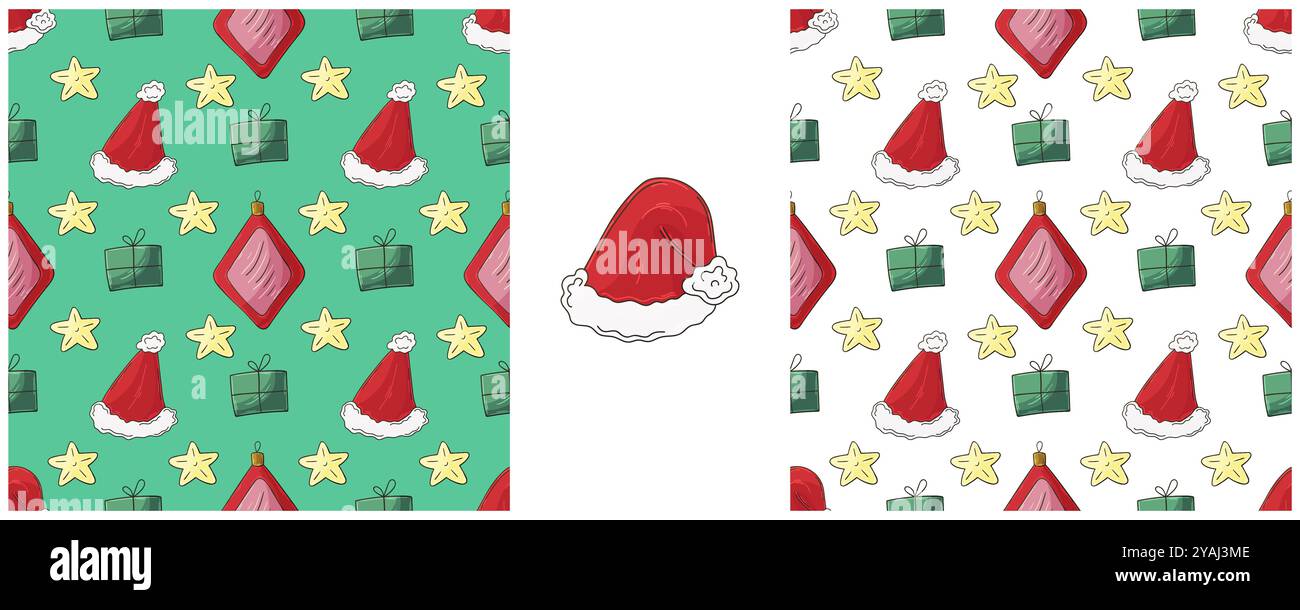 Christmas holidays. Set Seamless patterns in hand draw style. Christmas toys, hats, gifts. Can be used for fabric, packaging and etc Stock Vector