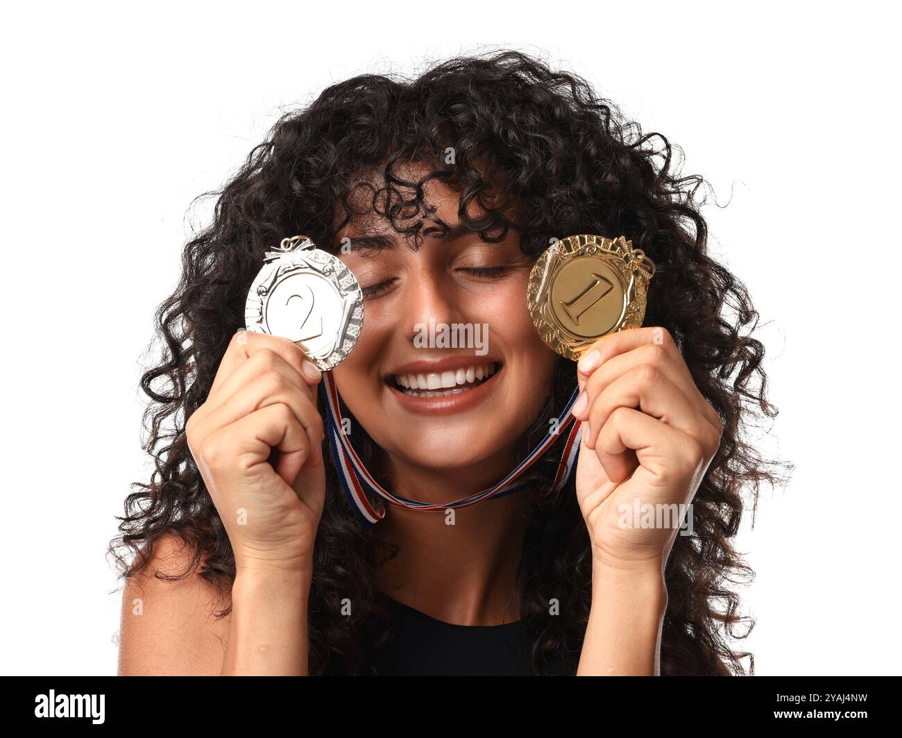 Happy winner with different medals on white background Stock Photo - Alamy