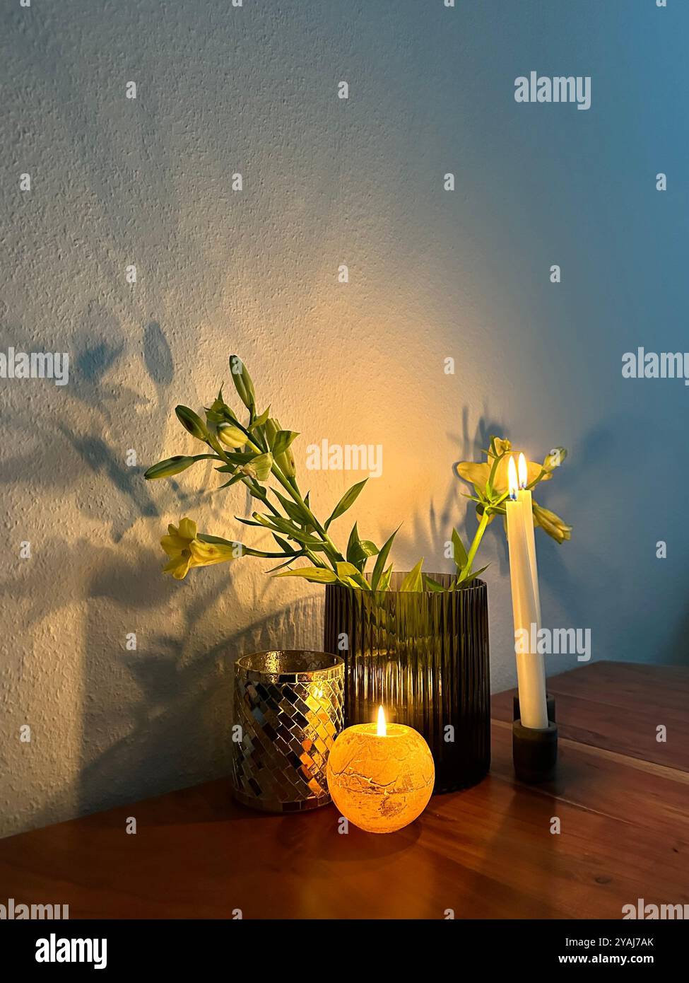 candle and vase on table - Smartphone Captured Stock Image