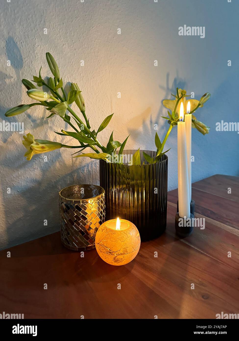 candle and vase on table - Smartphone Captured Stock Image