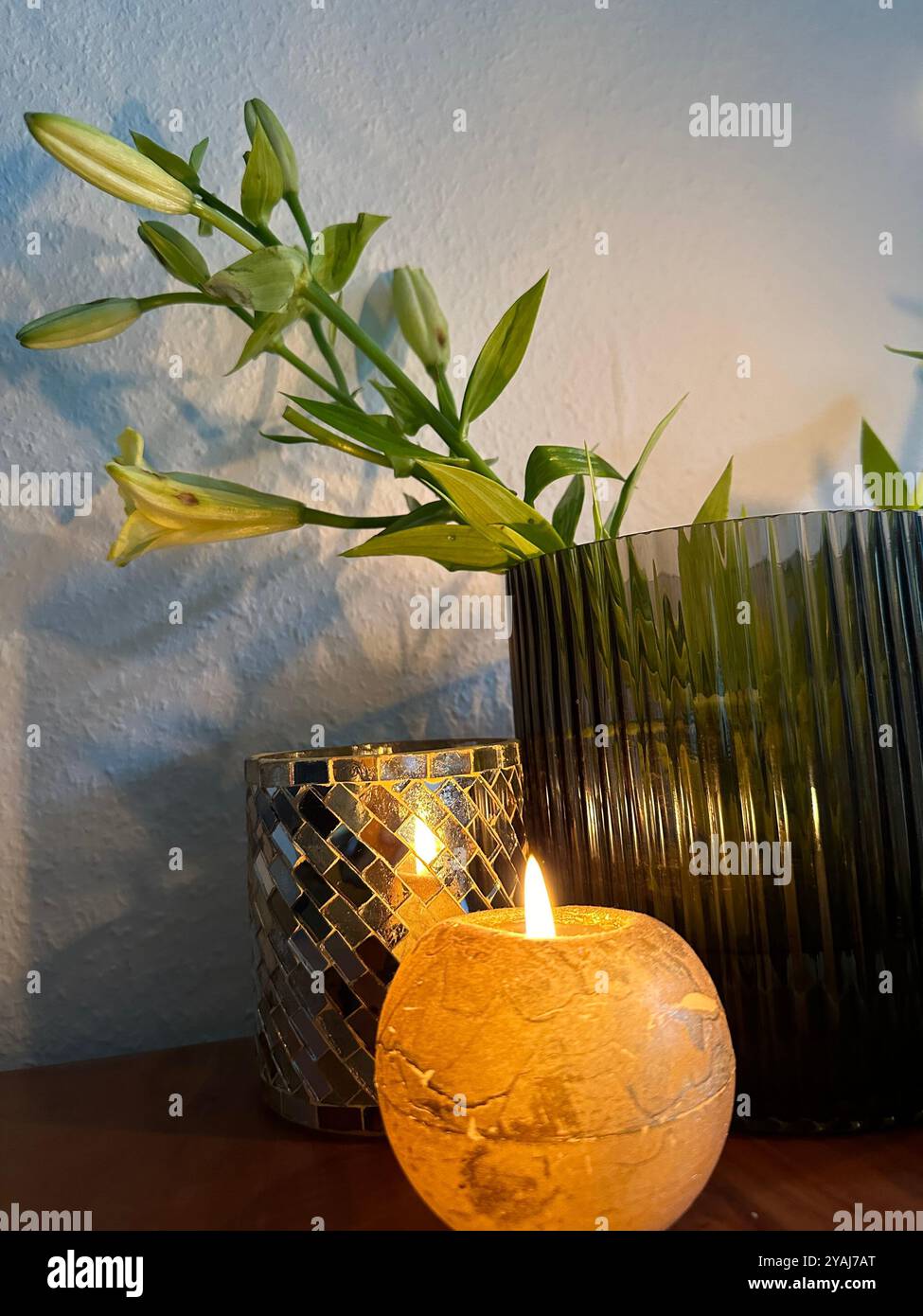 candle and vase on table - Smartphone Captured Stock Image