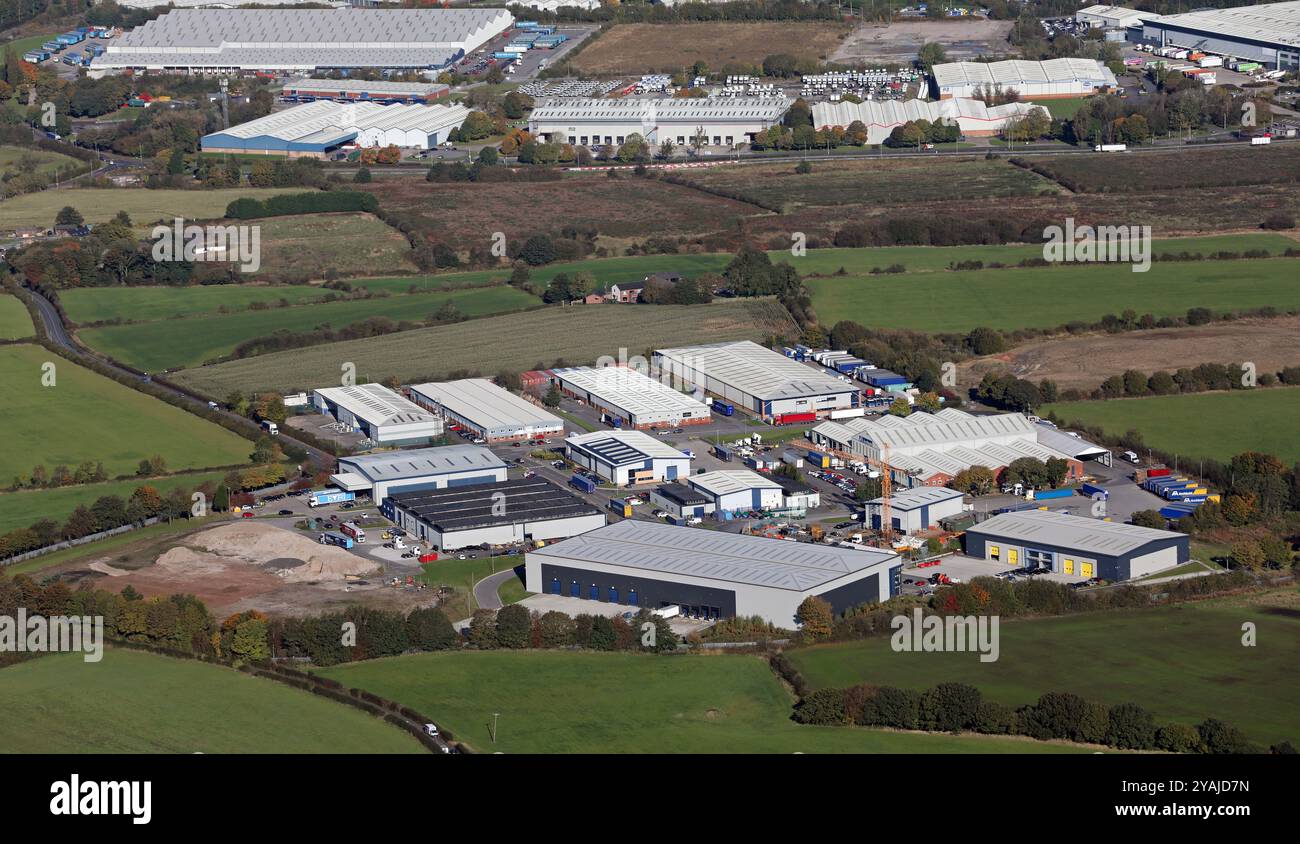 Aerial view of Birch Industrial Park near Birch Services on the M62. This view looking North with Heywood Distribution Park in the distance Stock Photo