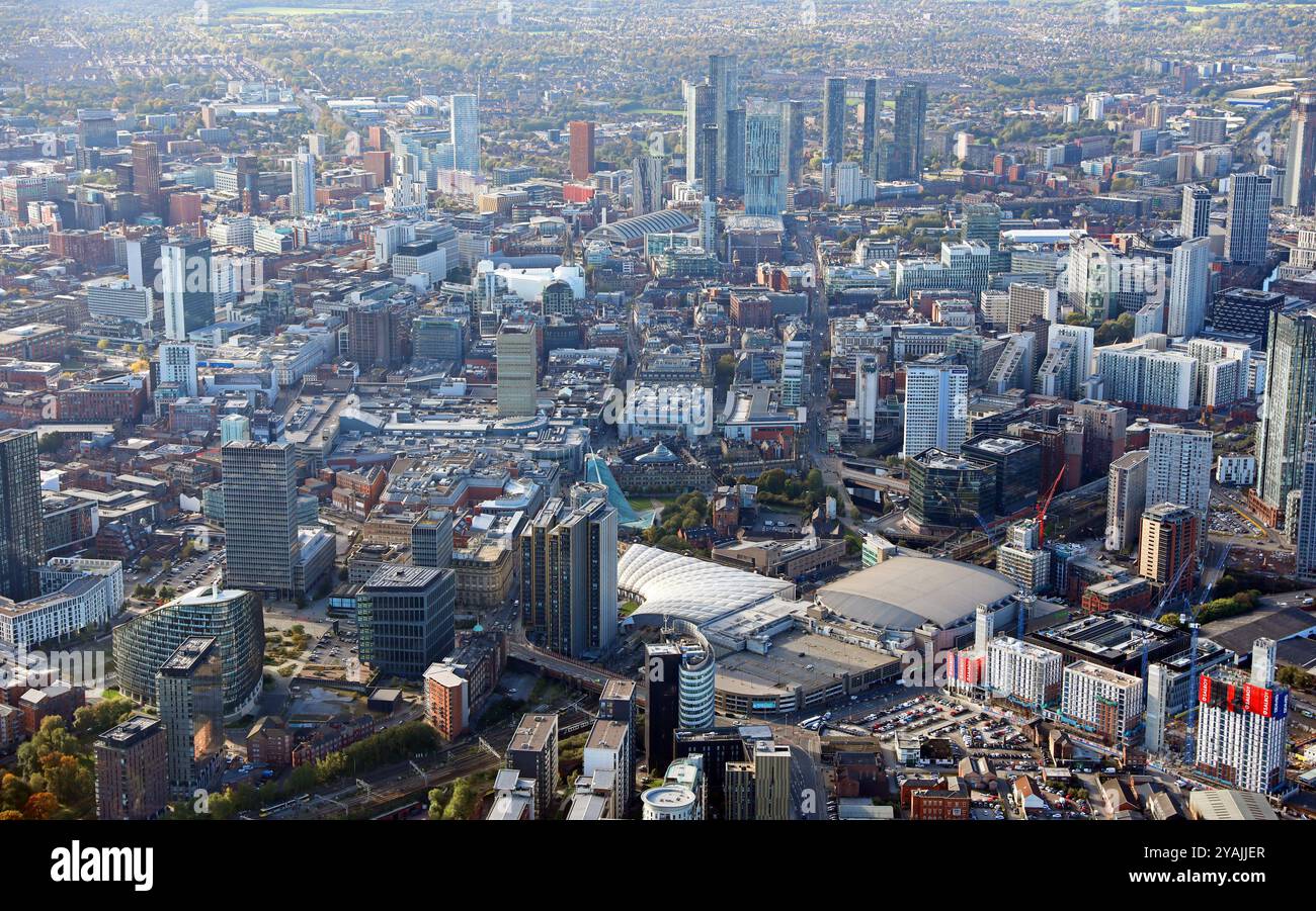 aerial view of Manchester city centre, looking down Cross Street and Deansgate from Victoria Station to the Skyscrapers, incl AO Arena & Angel Square Stock Photo