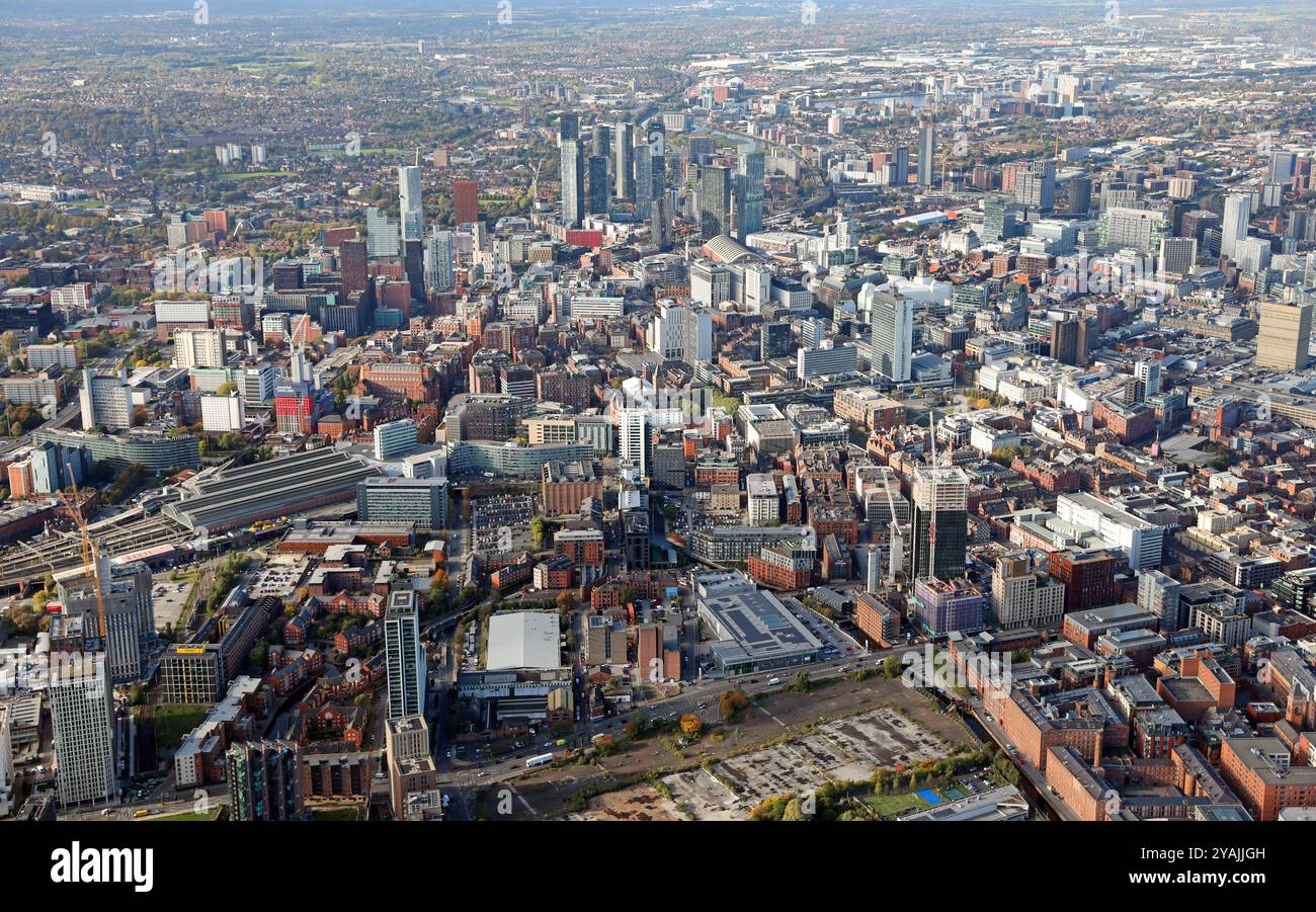 aerial view of Manchester city centre looking WSW down Store St across former Central Retail Park & Great Ancoats Street towards the new skyscrapers Stock Photo