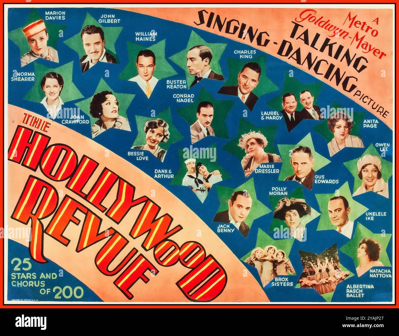 The Hollywood Revue of 1929, is a 1929 American pre-Code musical comedy film released by Metro-Goldwyn-Mayer. It was the studio's second feature-length musical, and one of their earliest sound films. Produced by Harry Rapf and Irving Thalberg and directed by Charles Reisner, it features nearly all of MGM's stars in a two-hour revue that includes three segments in Technicolor. The masters of ceremonies are Conrad Nagel & Jack Benny starring Joan Crawford, Jack Benny, Buster Keaton, Laurel & Hardy Gus Edwards, John Gilbert, Norma Shearer, Lionel Barrymore, Buster Keaton, Marie Dressler, etc MGM Stock Photo