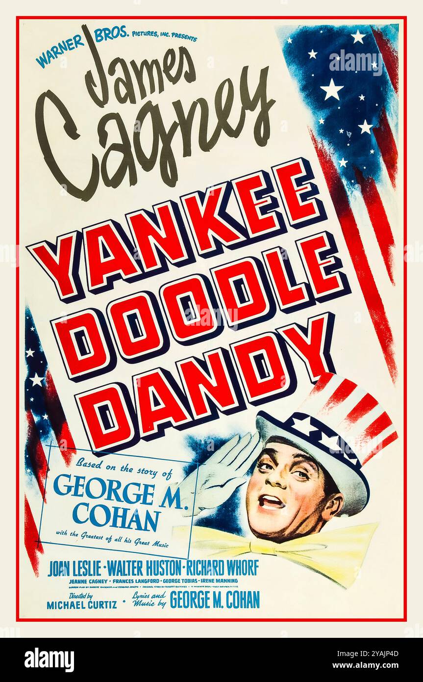 Theatrical poster for the American release of the 1942 film Yankee Doodle Dandy. Starring James Cagney Date 1942. Yankee Doodle Dandy is a 1942 American biographical musical drama film about George M. Cohan, known as 'The Man Who Owned Broadway'.[2] It stars James Cagney, Joan Leslie, Walter Huston, and Richard Whorf, and features Irene Manning, George Tobias, Rosemary DeCamp, Jeanne Cagney, and Vera Lewis. The film was written by Robert Buckner and Edmund Joseph, and directed by Michael Curtiz Stock Photo