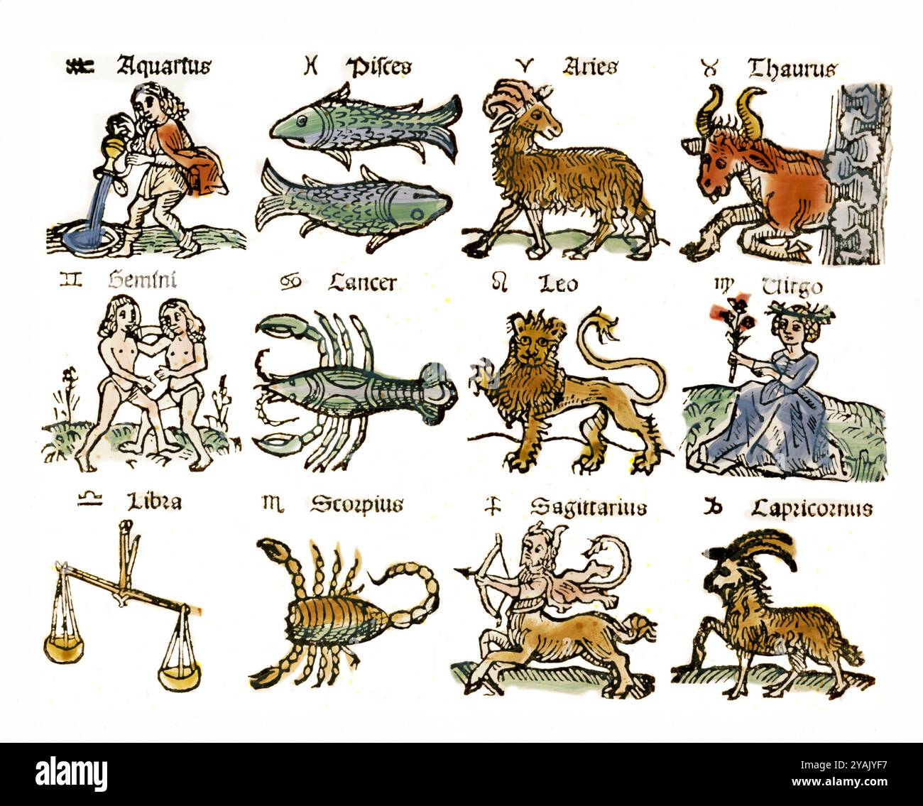 Signs of the Zodiac. A 16th century German woodcut print of the twelve signs of the zodiac Stock Photo
