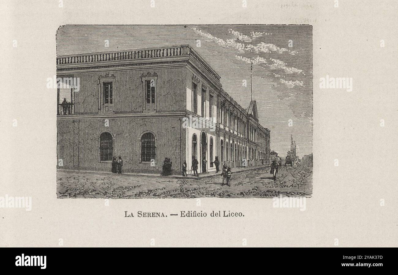 La Serena of the 19th century. Vintage illustration of Lyceum Building ...