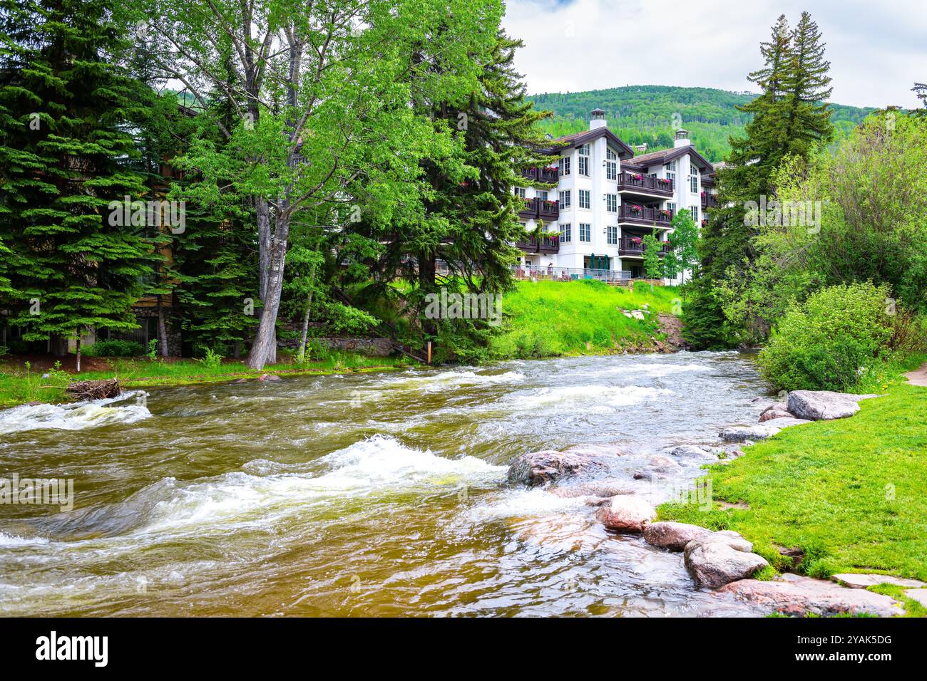 Vail, Colorado ski resort town with Gore creek river by