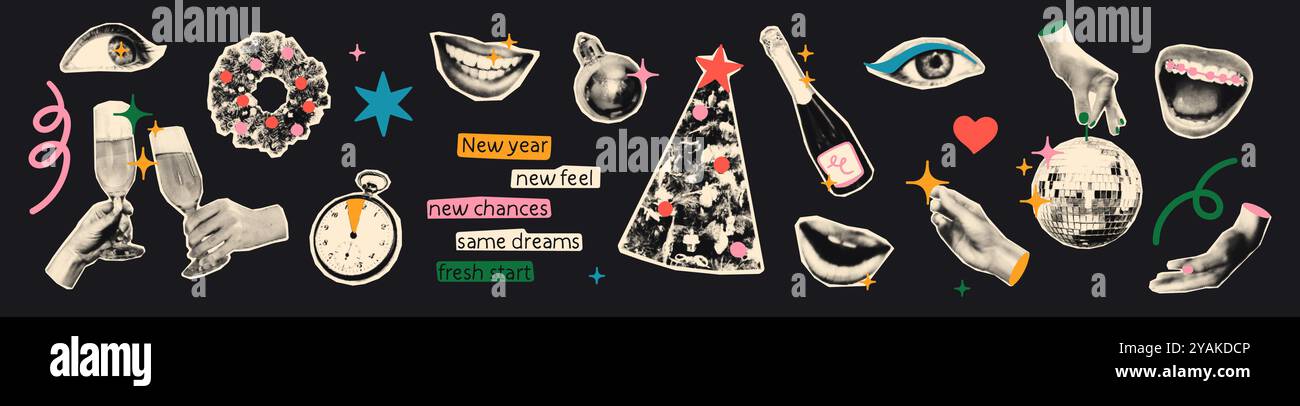 Christmas halftone art collage set vector illustration Stock Vector