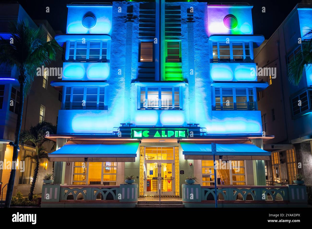 Miami Beach, USA - January 20, 2021: McAlpin Ocean plaza Hilton hotel at art deco district night with neon light, Ocean drive in South Beach, Florida Stock Photo