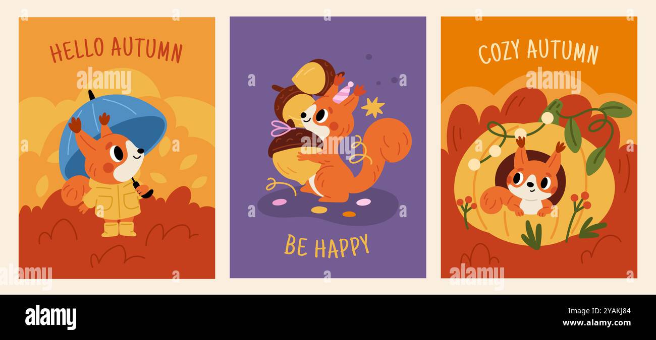 Hello Rodent Cute squirrels. Autumn time cards. Little redheads animals. Forest ...