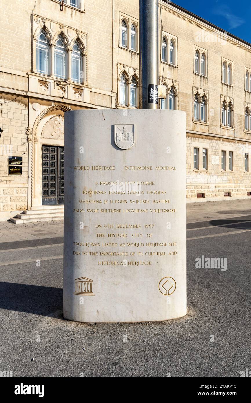 UNESCO World Heritage sign plaque monument for the historic town of Trogir, Croatia Stock Photo