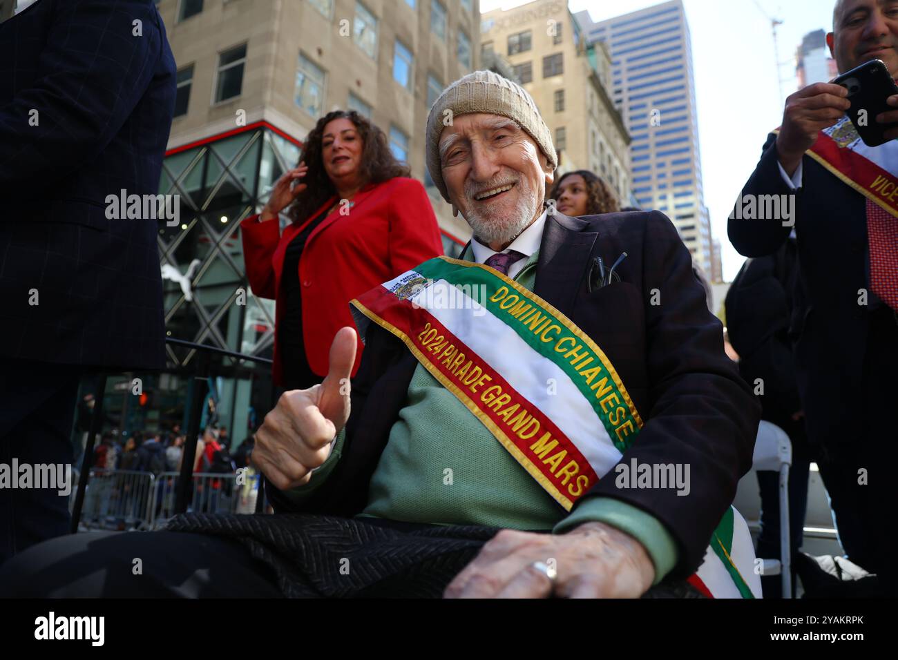 Actor Dominic Chianese rides a float up 5th Avenue in the Columbus Day Parade in New York City