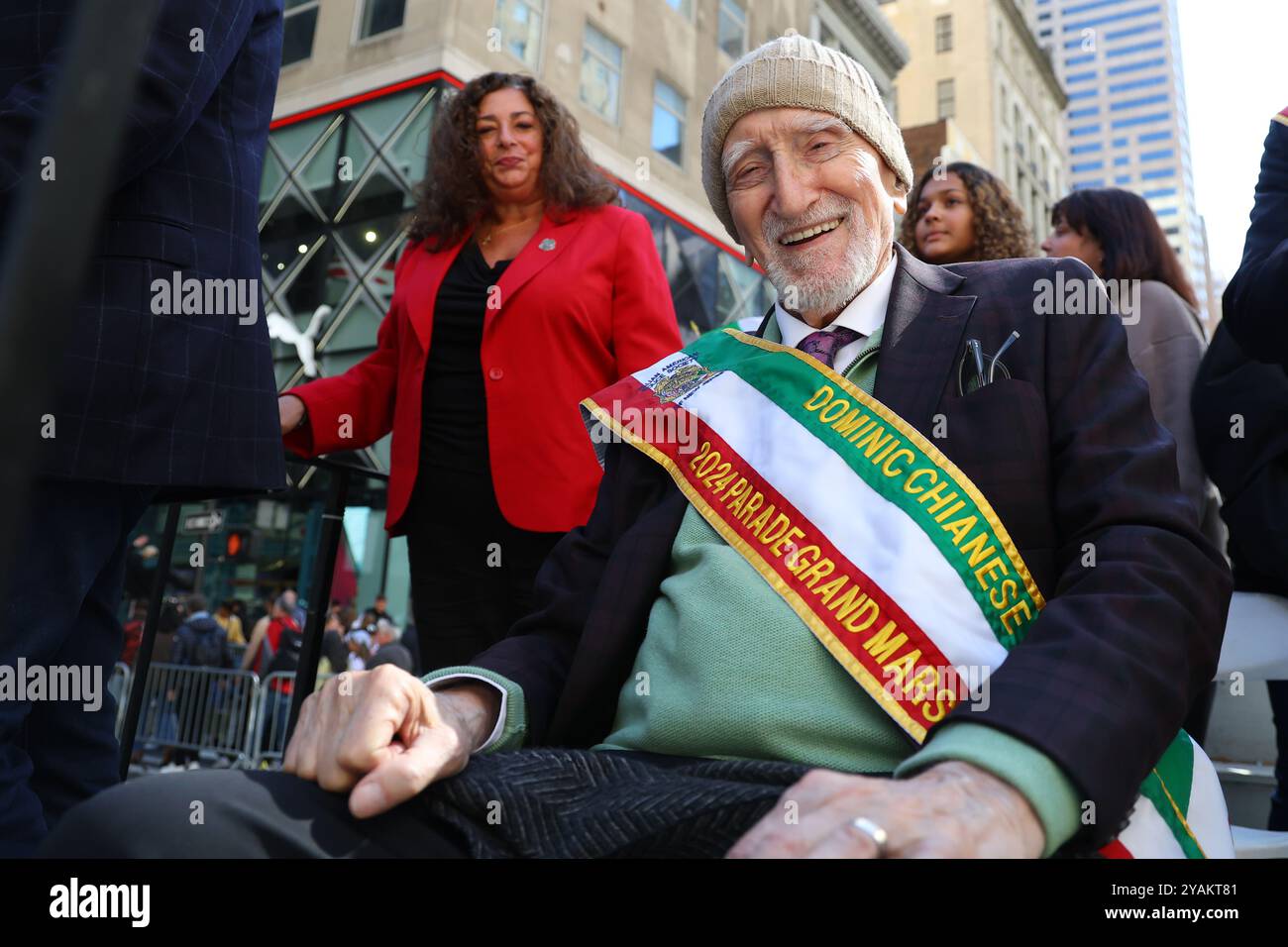 Actor Dominic Chianese rides a float up 5th Avenue in the Columbus Day Parade in New York City