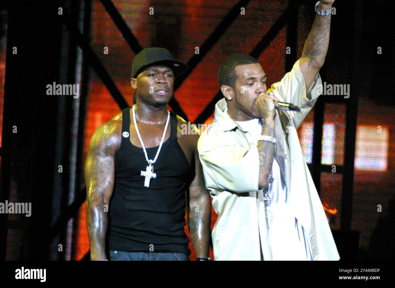 50 Cent and Lloyd Banks performing at The Tweeter Center on August 6 ...