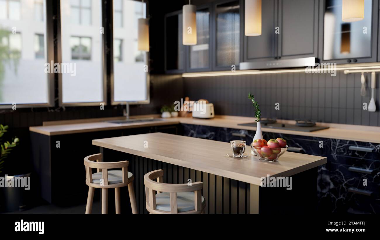 The interior design of a modern, luxurious kitchen in a sleek black ...